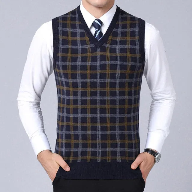 2019 New Fashion Brand Sweater Men Pullover Slim Fit Jumpers Knitwear Sleeveless plaid Winter Korean Style Casual Men Clothes