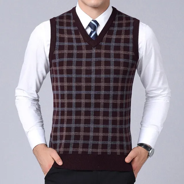 2019 New Fashion Brand Sweater Men Pullover Slim Fit Jumpers Knitwear Sleeveless plaid Winter Korean Style Casual Men Clothes