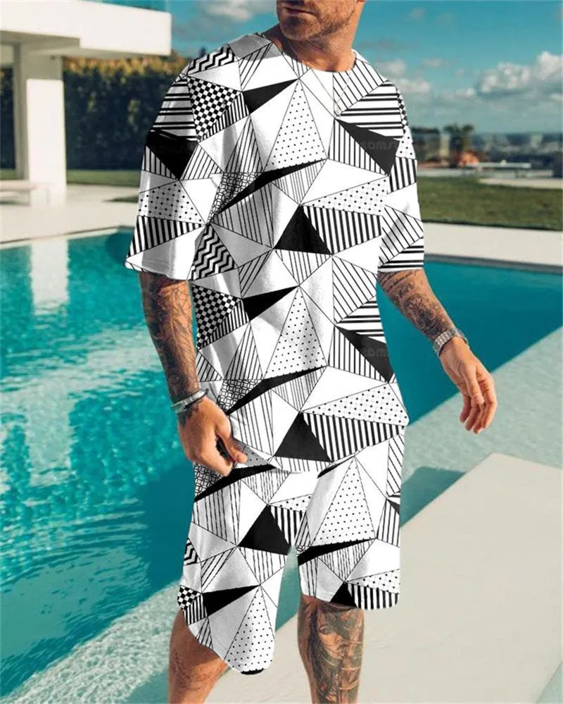 3D Digital Printing Men Summer Short-sleeved Beach Pants Suit