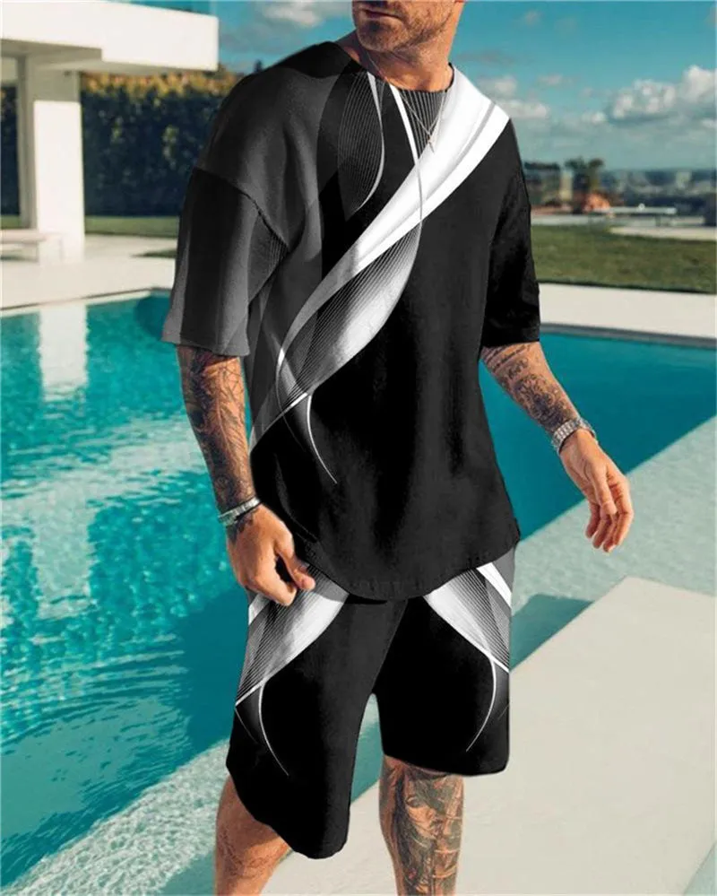 3D Digital Printing Men Summer Short-sleeved Beach Pants Suit