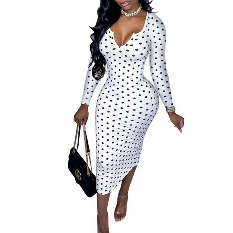 Amozae   Deep V Low Cut Bodycon Dress Vintage Leisure Women Polka Dot Dresses Office Lady Long Sleeve Bodycon Dress