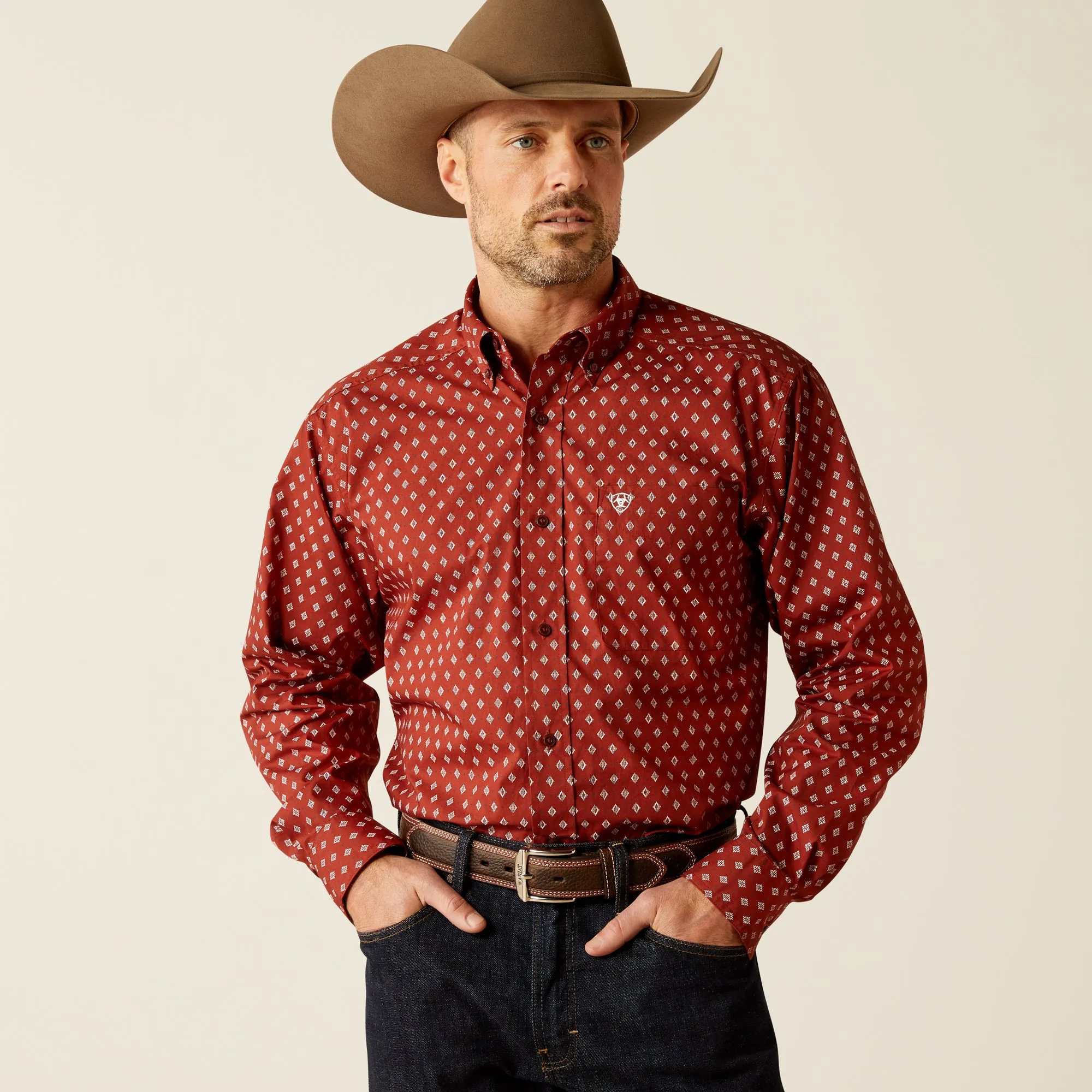 Ariat Pax Classic Fit Burgundy Diamond Print Button-Down Shirt for Men