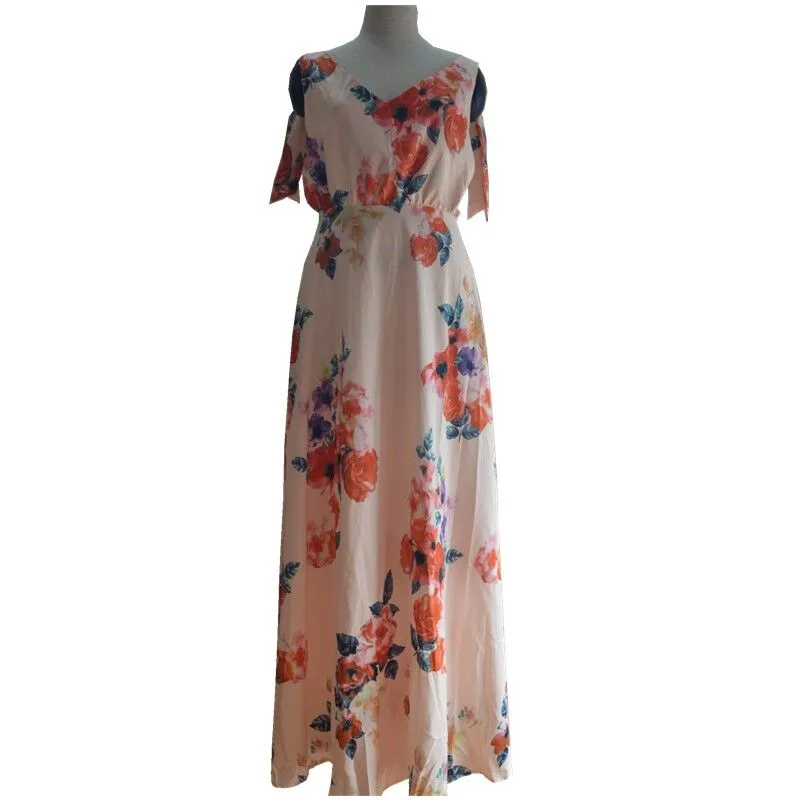 Backless floral printed  V neck maxi dress