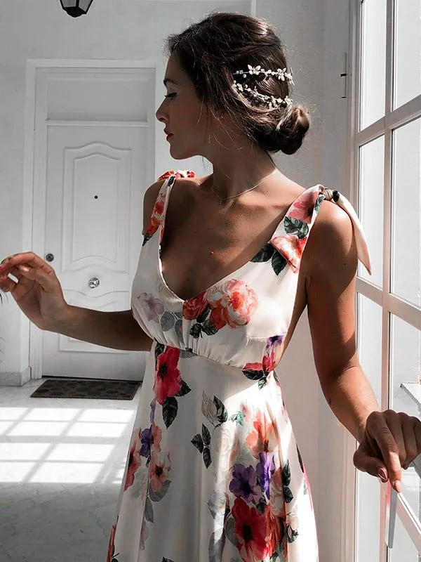 Backless floral printed  V neck maxi dress