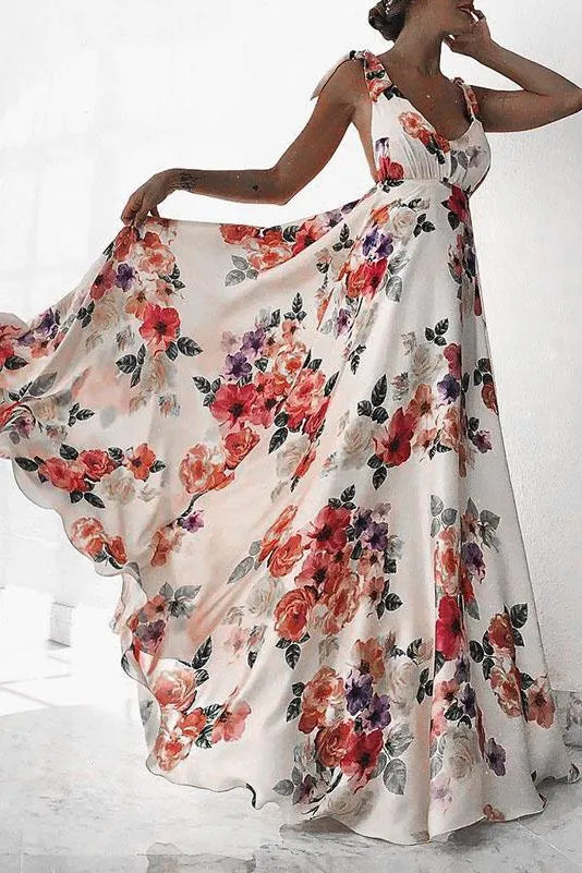 Backless floral printed  V neck maxi dress