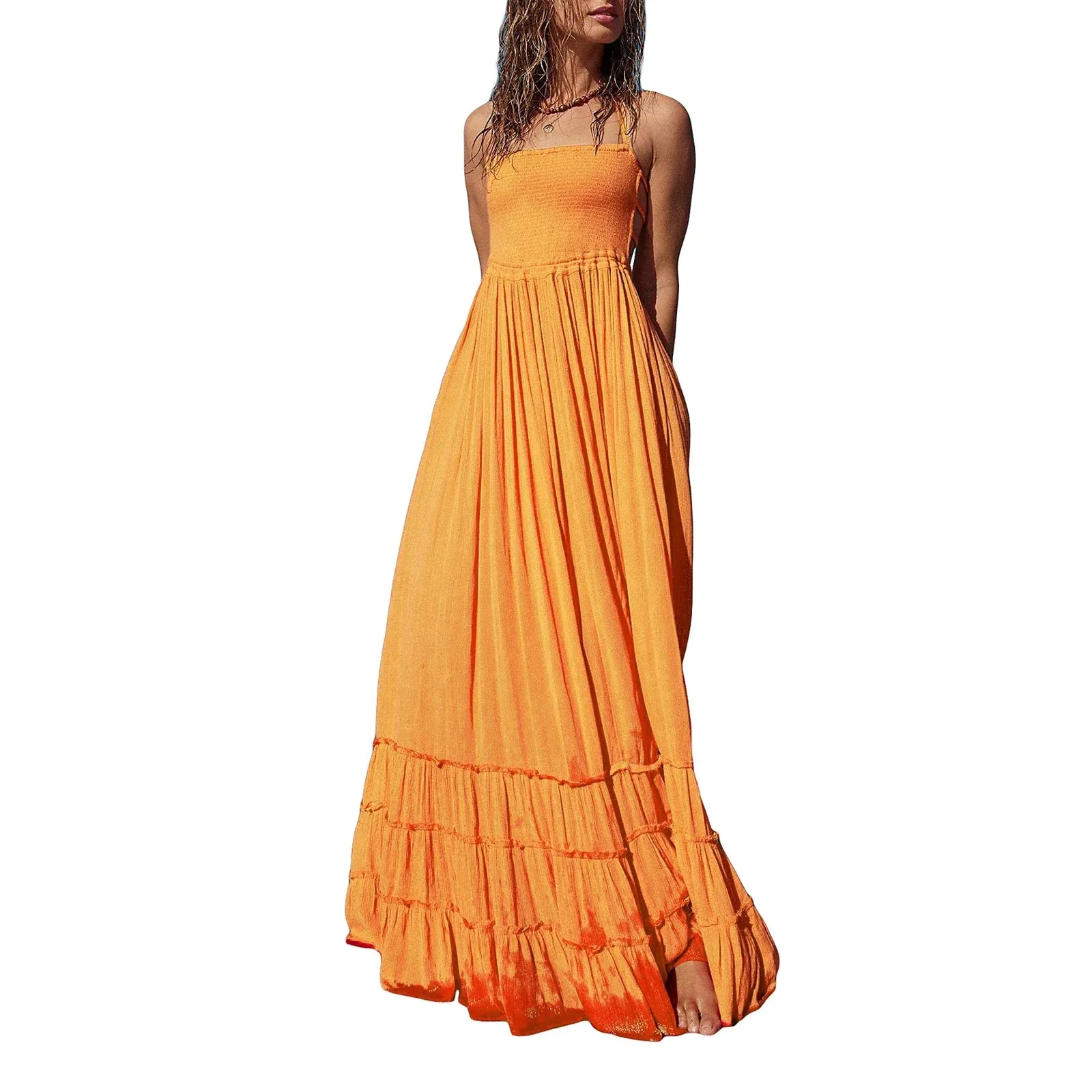 Backless Pleated Long Maxi Dress Neck Flowy Open Back Beach Resort Casual Summer Dress