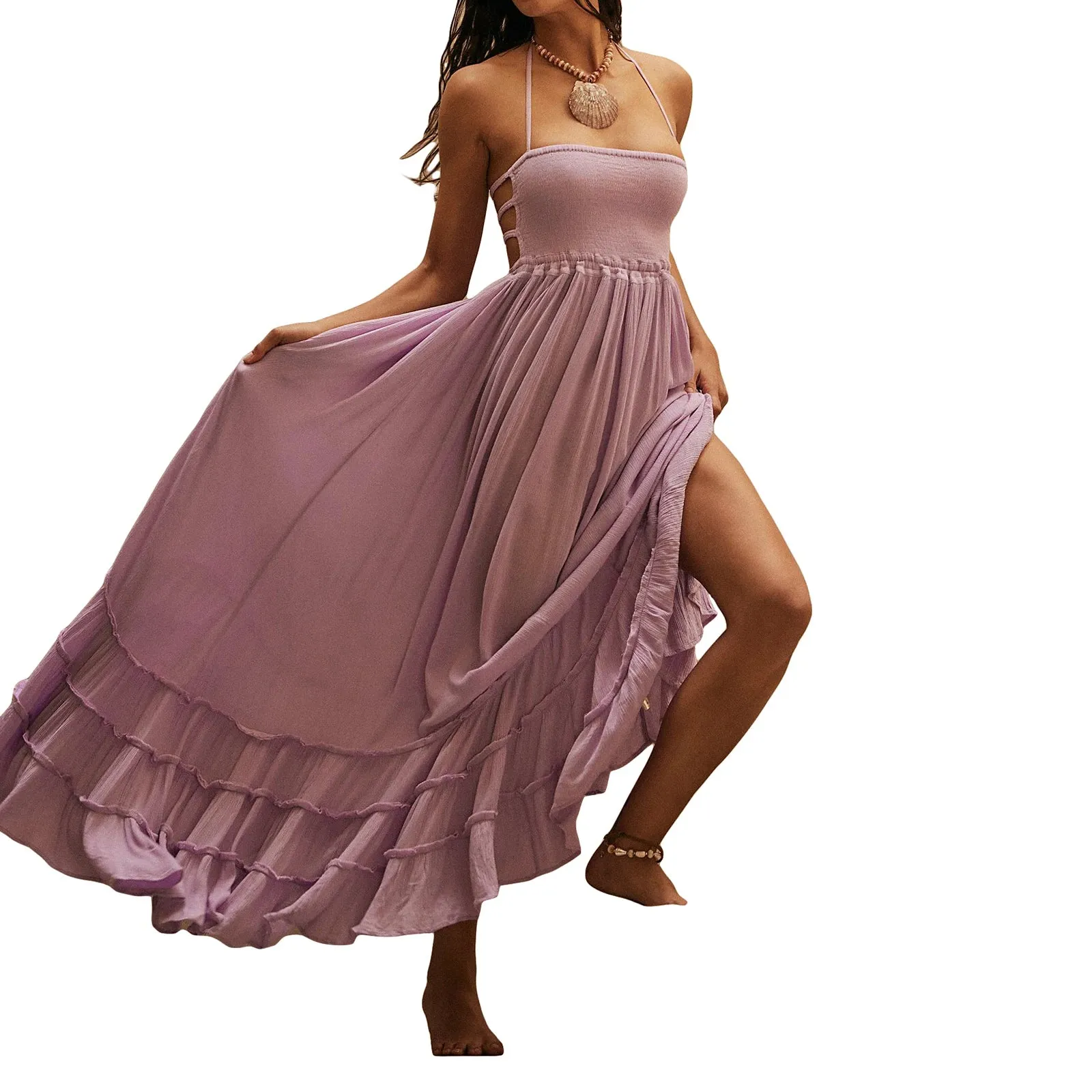 Backless Pleated Long Maxi Dress Neck Flowy Open Back Beach Resort Casual Summer Dress