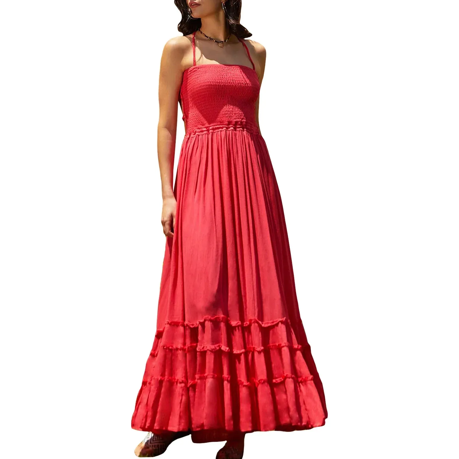 Backless Pleated Long Maxi Dress Neck Flowy Open Back Beach Resort Casual Summer Dress