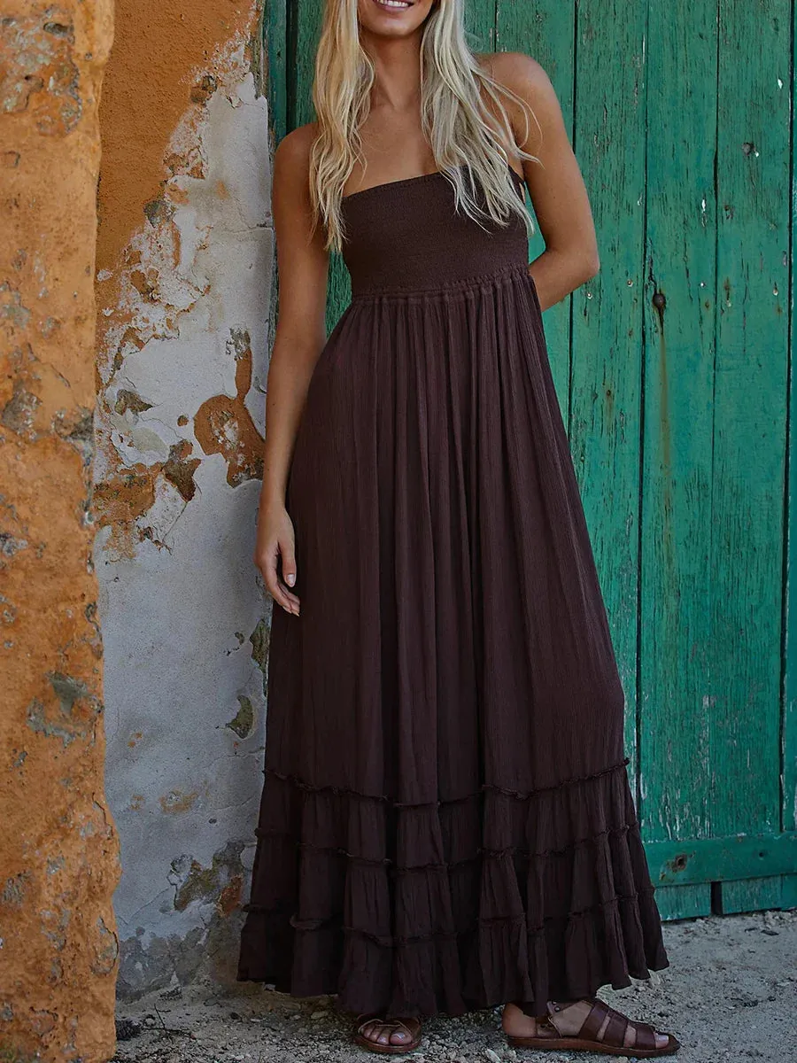 Backless Pleated Long Maxi Dress Neck Flowy Open Back Beach Resort Casual Summer Dress