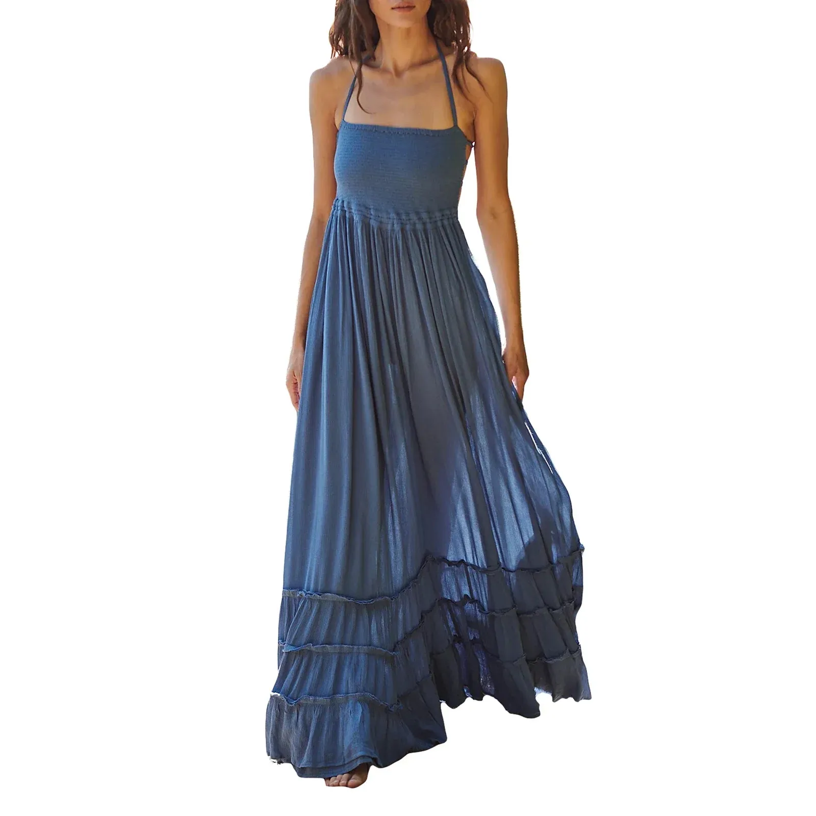 Backless Pleated Long Maxi Dress Neck Flowy Open Back Beach Resort Casual Summer Dress