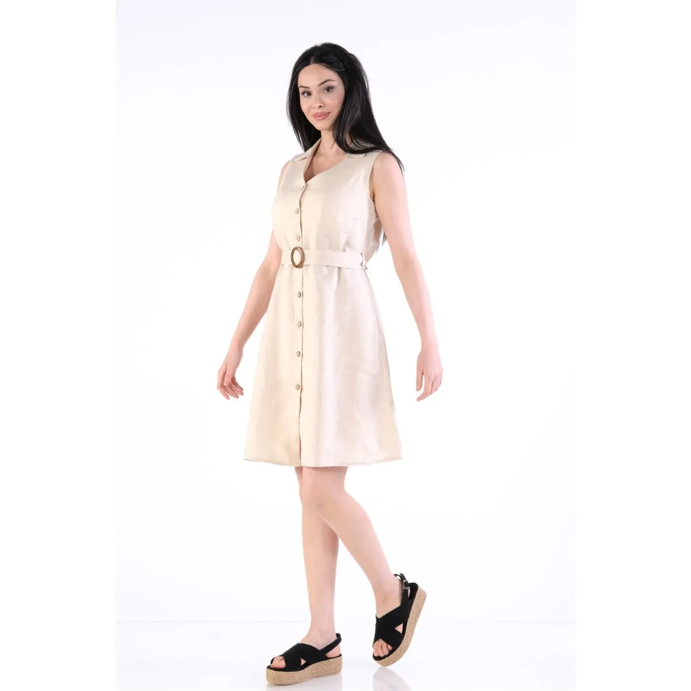 Beige Buckle Linen Sleeveless Dress