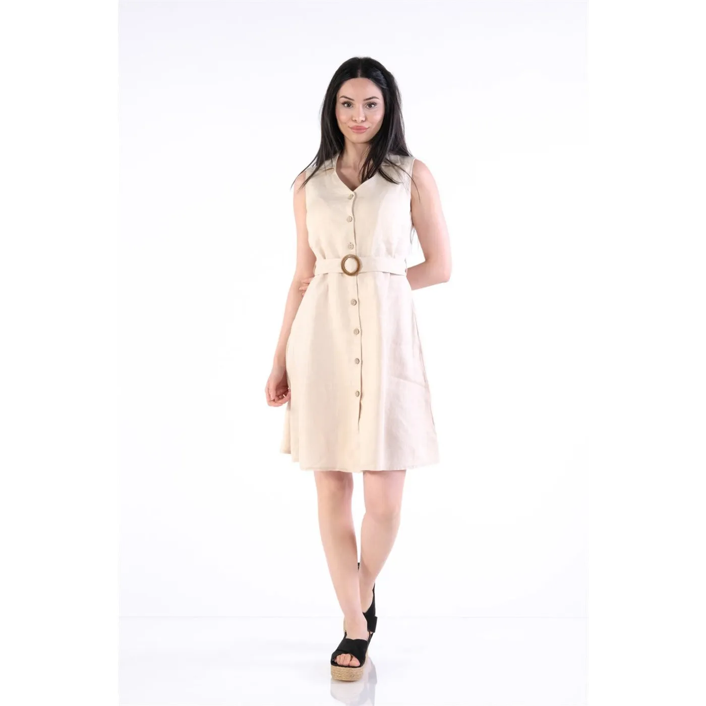 Beige Buckle Linen Sleeveless Dress