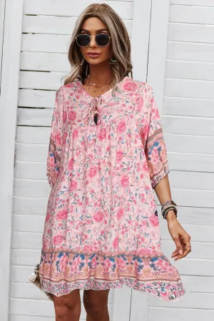 Bohemian Tie Neck Mini Dress