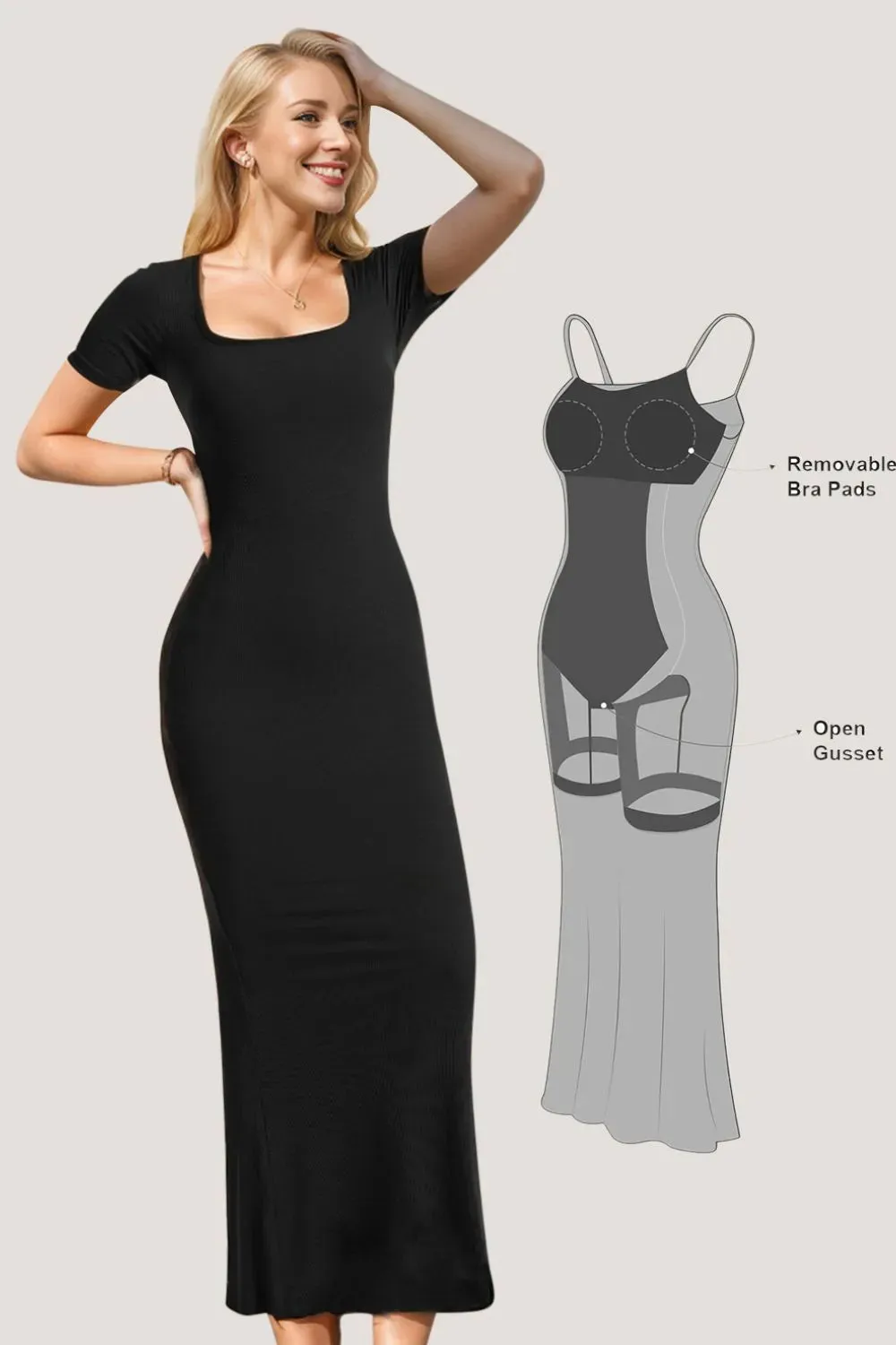 Built-In Shapewear Square Neck Short Sleeve Maxi Dress