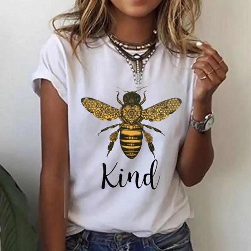 Casual All-Match Bee Print Short-Sleeved Round Neck T-Shirt Wholesale Women Tops