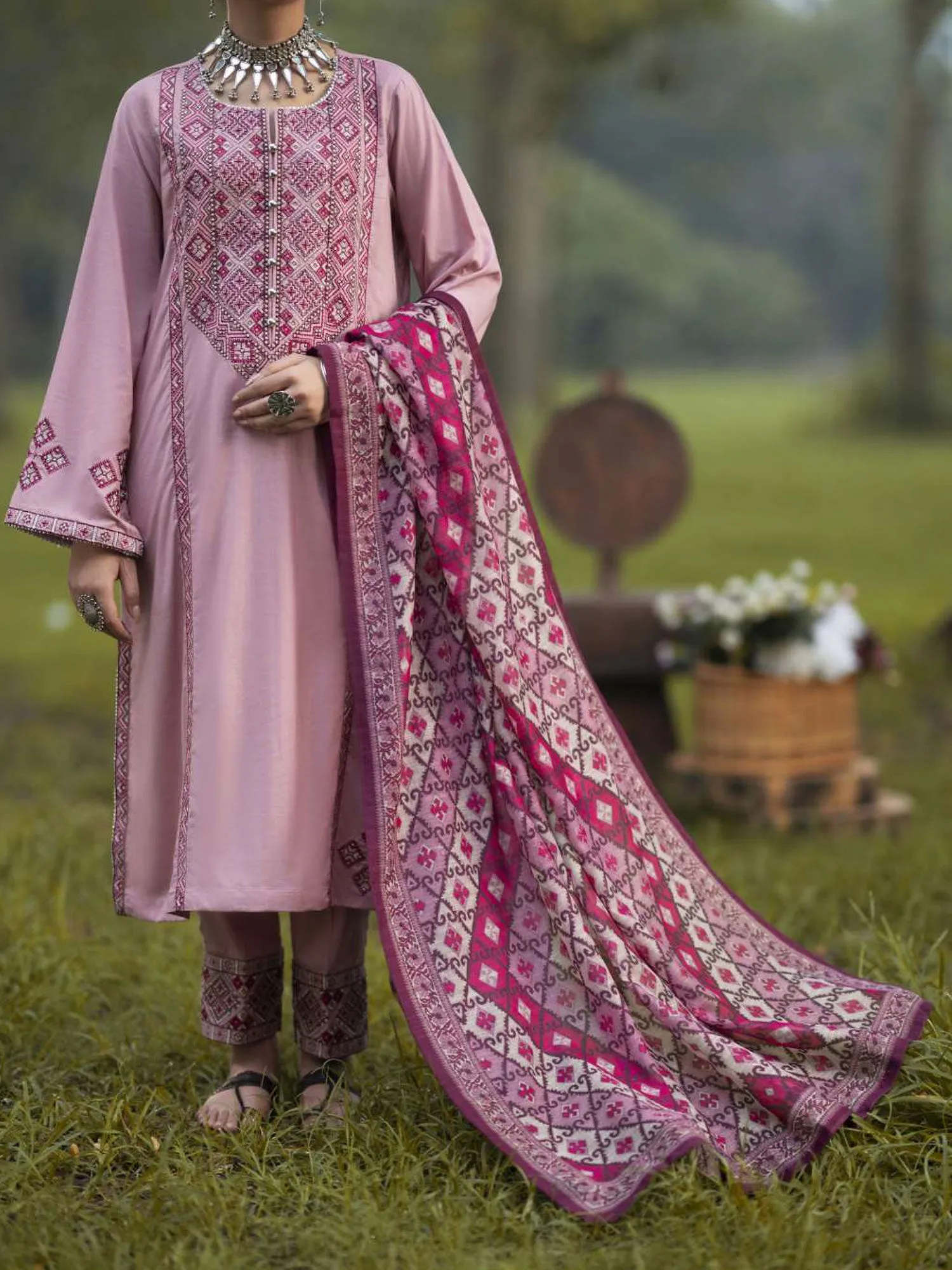 Casual Lite "Khamoshi" Embroidered Linen Suit - Pink