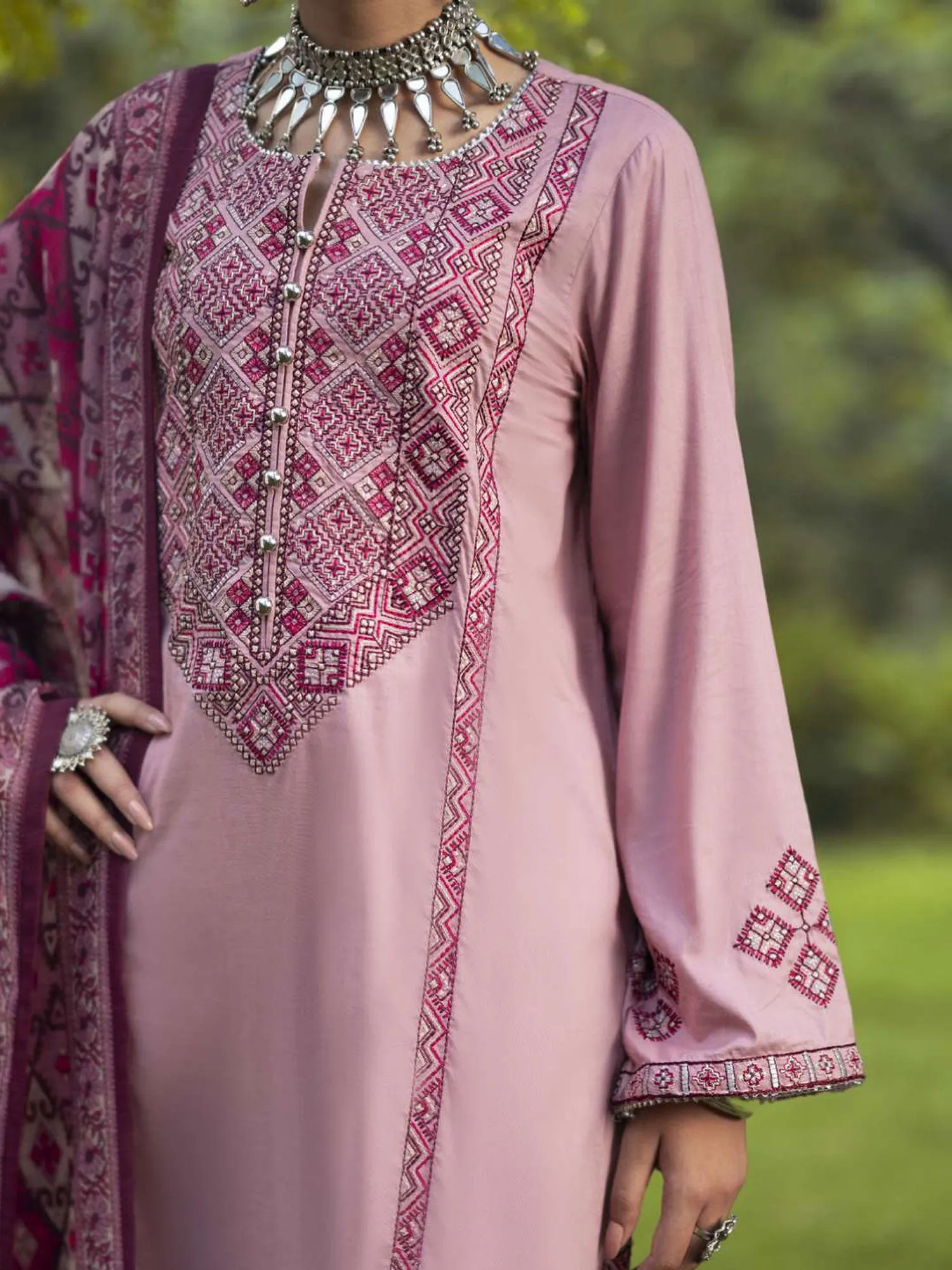 Casual Lite "Khamoshi" Embroidered Linen Suit - Pink