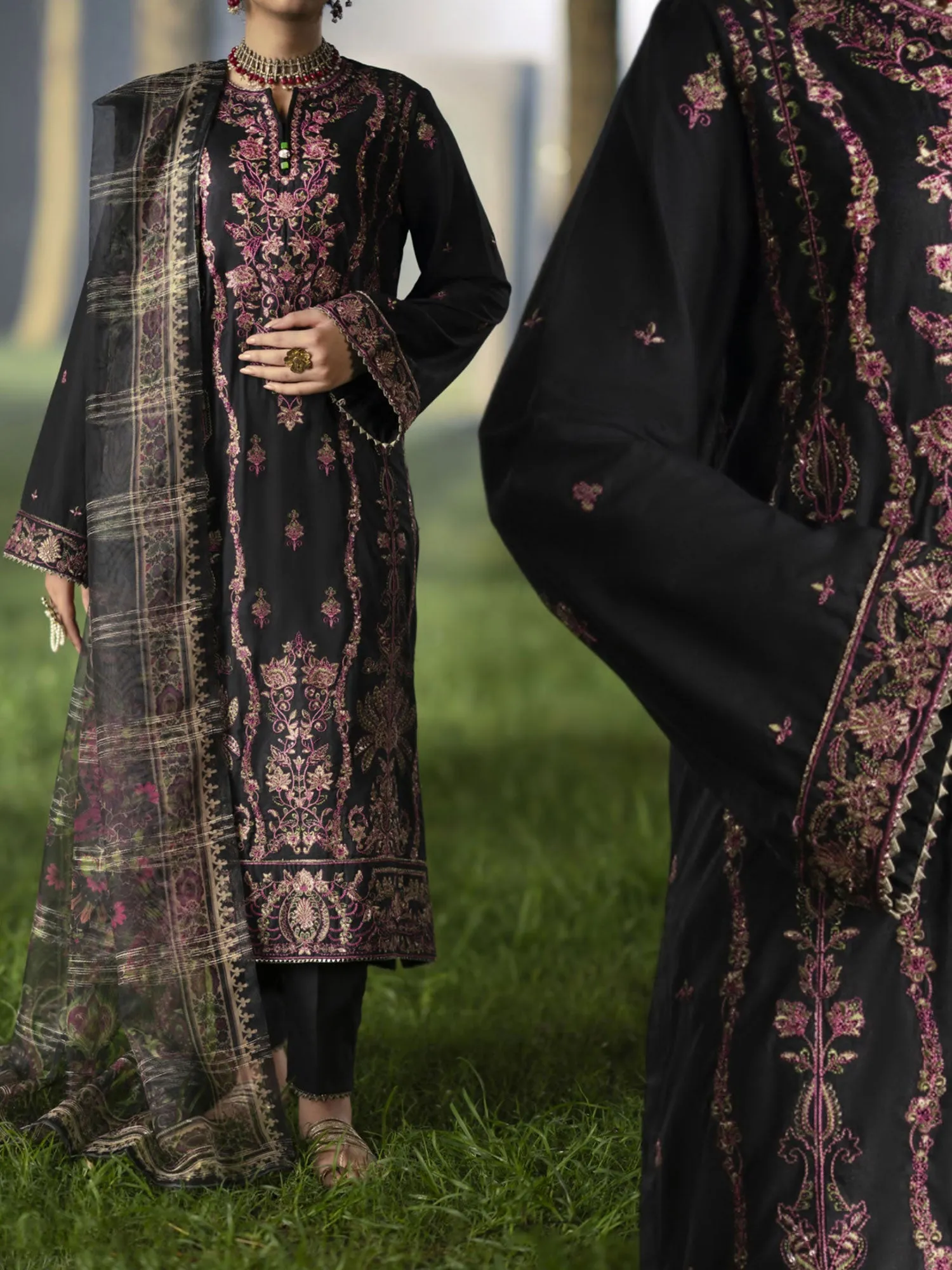 Casual Lite "Shanasai" Embroidered Winter Linen Suit - Black