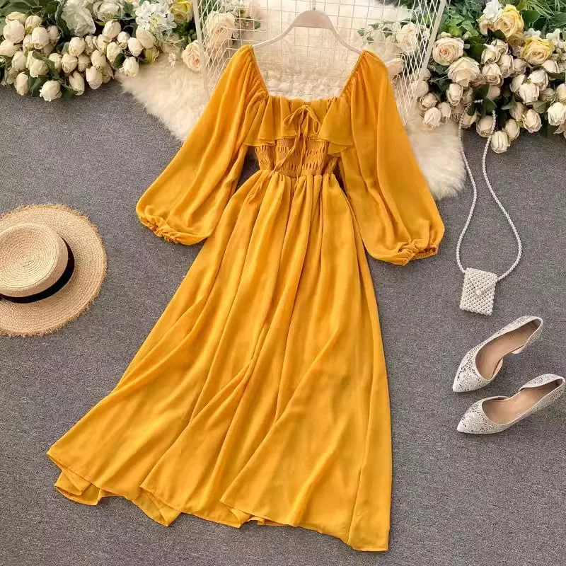 Chic Style Dress New Women's Square Neck Puff Sleeve Chiffon Skirt      S4597