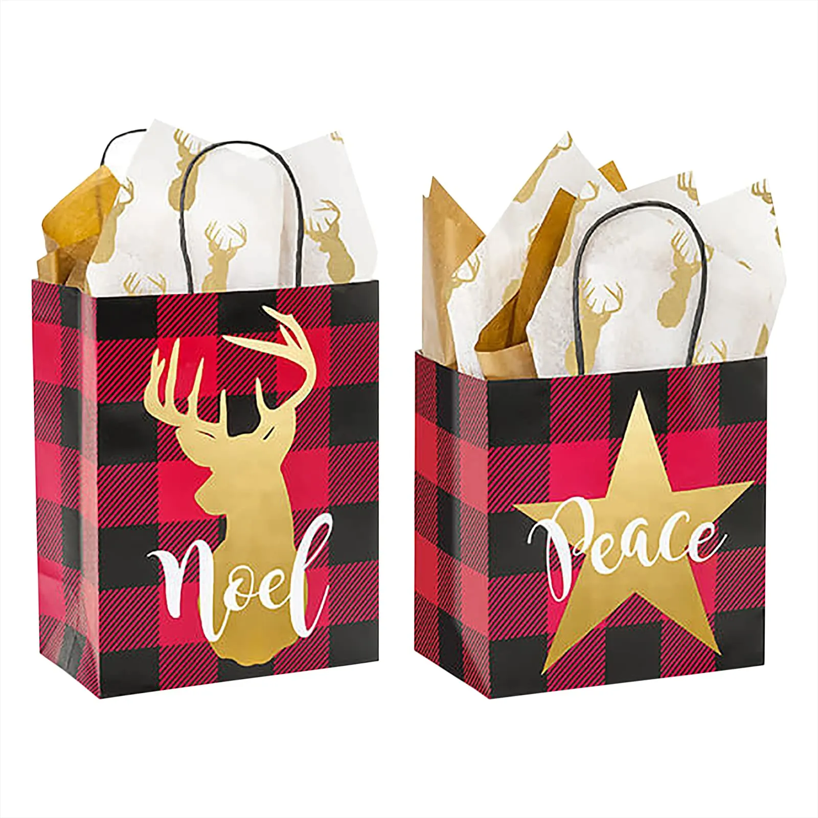 Christmas Holiday Gift Bag Assortment in Red and Black Buffalo Plaid & Gold (Pack of 12)