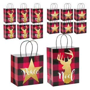 Christmas Holiday Gift Bag Assortment in Red and Black Buffalo Plaid & Gold (Pack of 12)