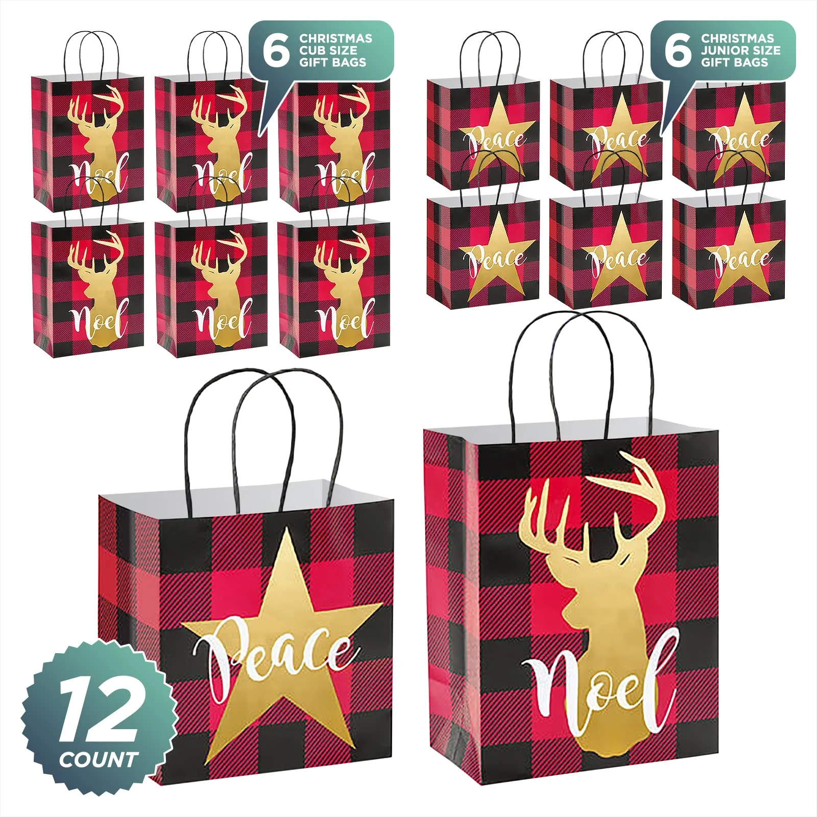 Christmas Holiday Gift Bag Assortment in Red and Black Buffalo Plaid & Gold (Pack of 12)