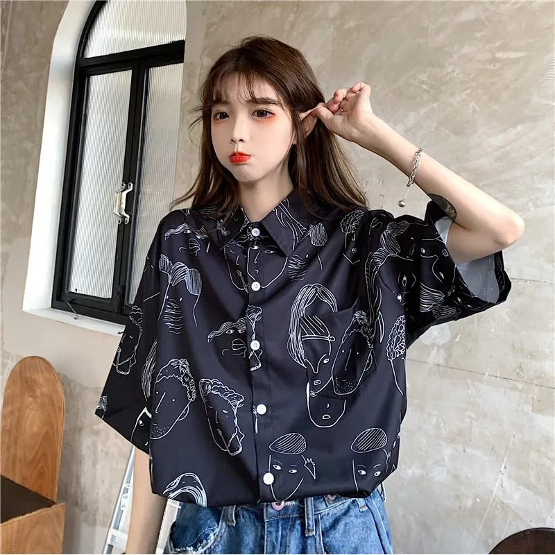 Collar Flower Retro Button Comic Cartoon Casual Shirt