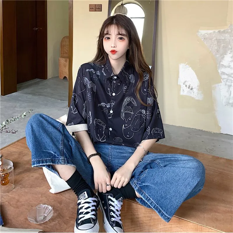 Collar Flower Retro Button Comic Cartoon Casual Shirt