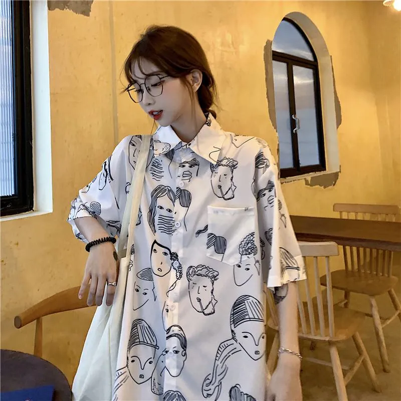 Collar Flower Retro Button Comic Cartoon Casual Shirt