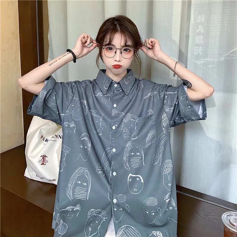 Collar Flower Retro Button Comic Cartoon Casual Shirt