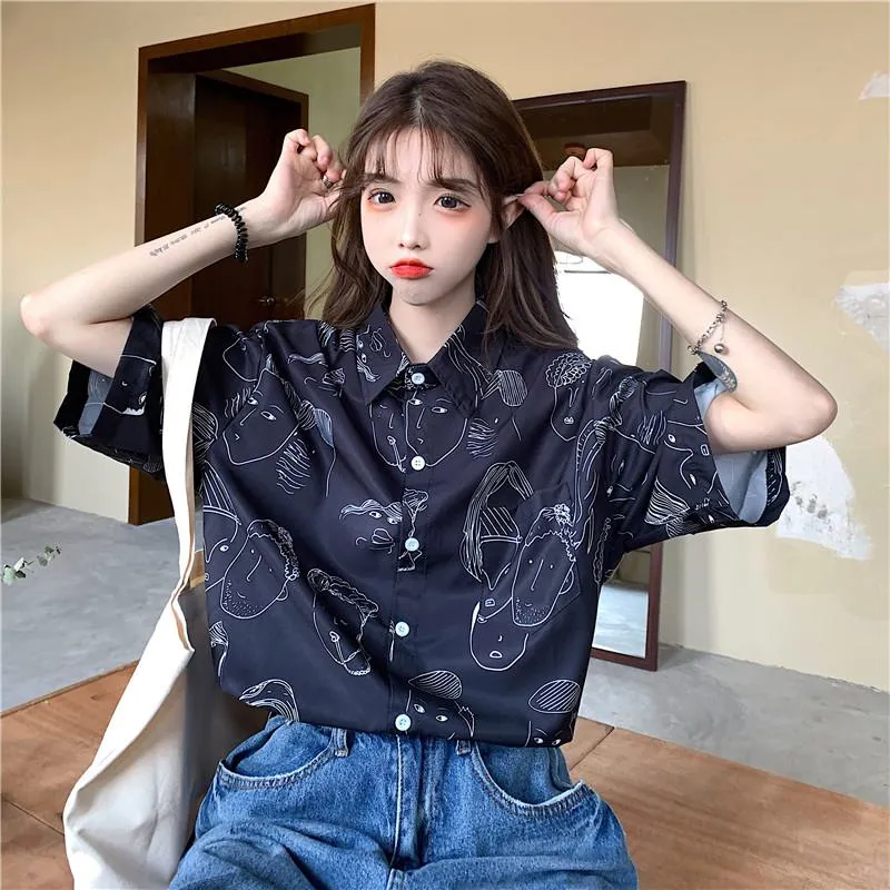 Collar Flower Retro Button Comic Cartoon Casual Shirt