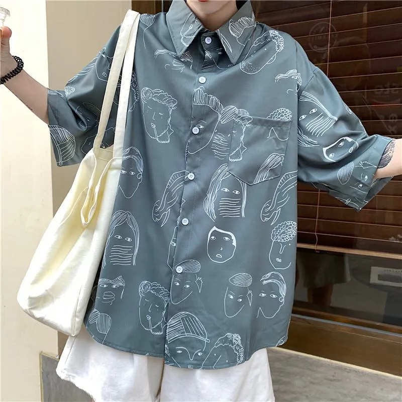 Collar Flower Retro Button Comic Cartoon Casual Shirt