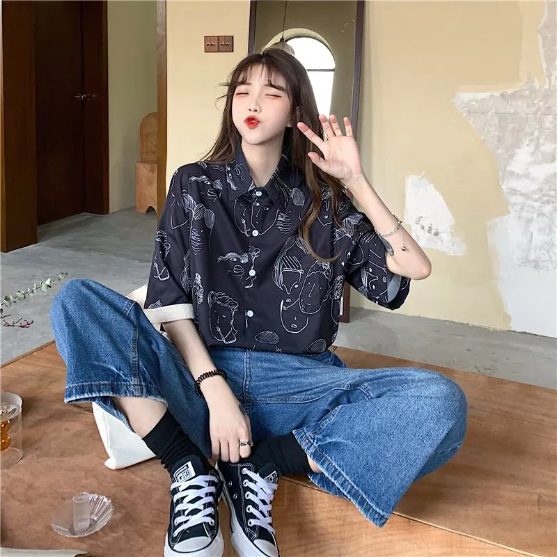 Collar Flower Retro Button Comic Cartoon Casual Shirt