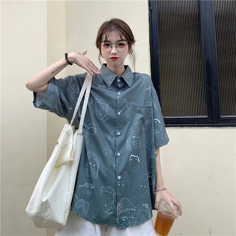 Collar Flower Retro Button Comic Cartoon Casual Shirt