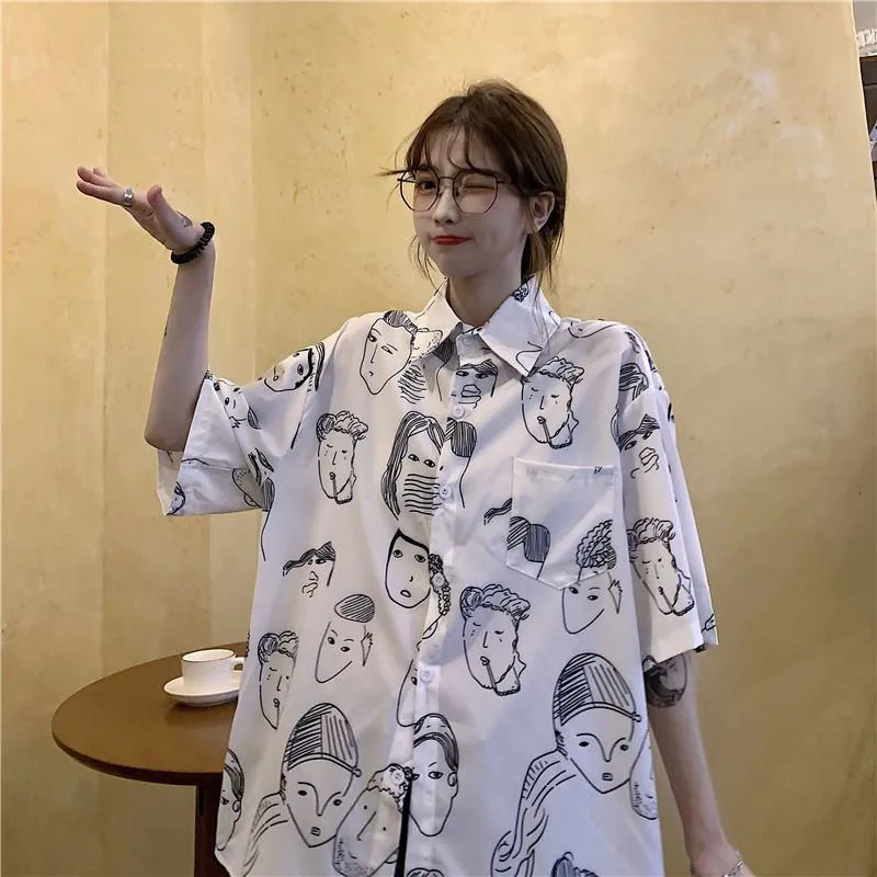 Collar Flower Retro Button Comic Cartoon Casual Shirt