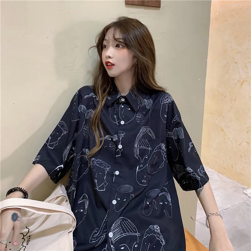 Collar Flower Retro Button Comic Cartoon Casual Shirt