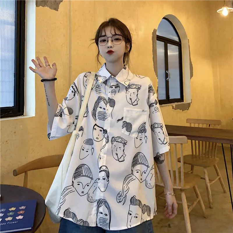 Collar Flower Retro Button Comic Cartoon Casual Shirt