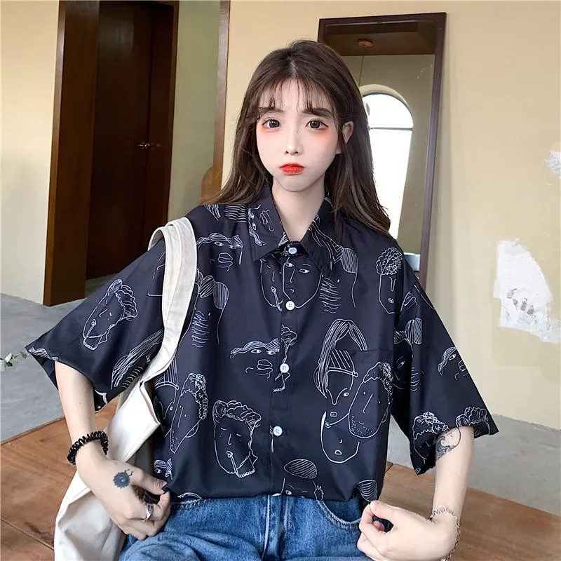 Collar Flower Retro Button Comic Cartoon Casual Shirt