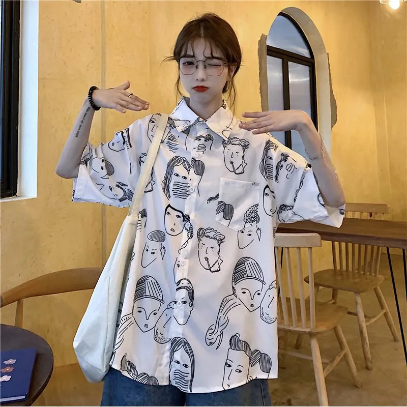 Collar Flower Retro Button Comic Cartoon Casual Shirt