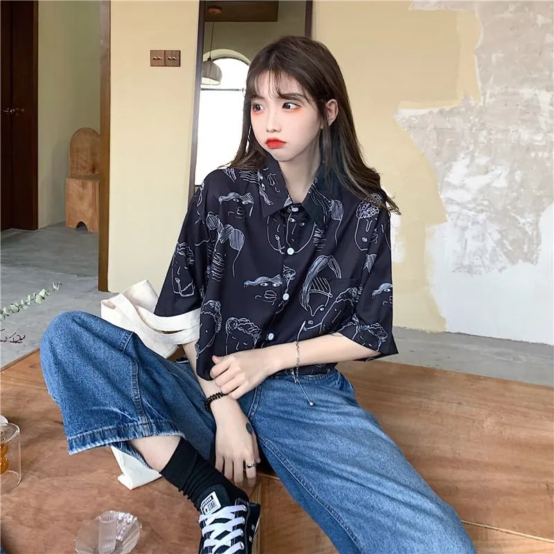 Collar Flower Retro Button Comic Cartoon Casual Shirt