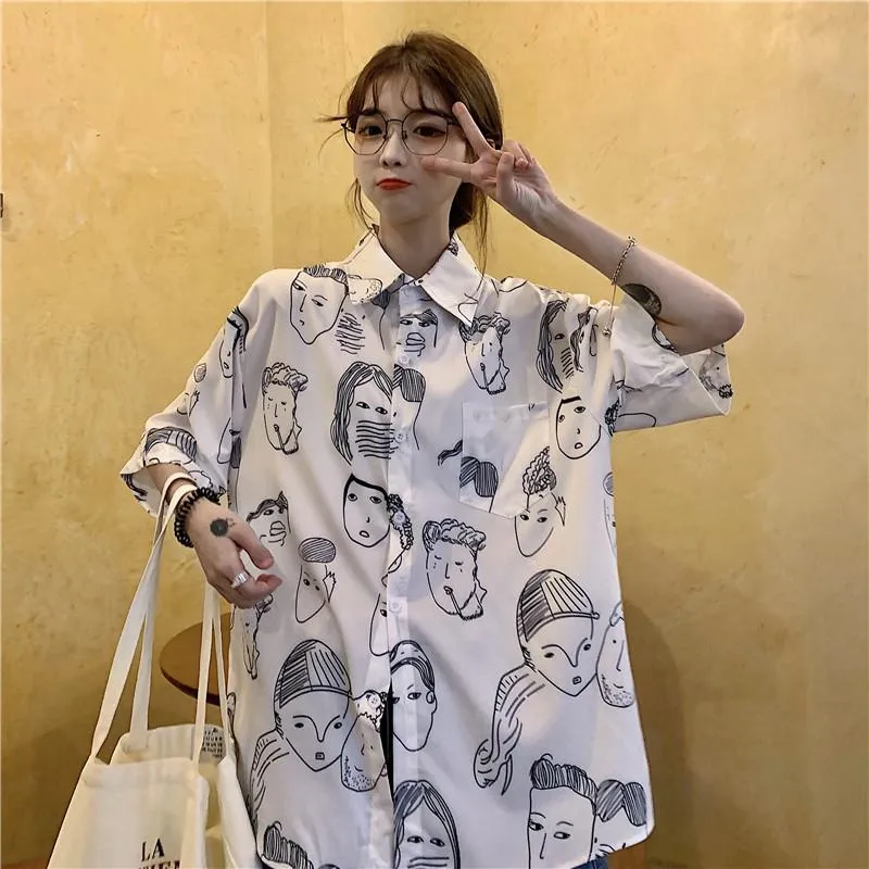 Collar Flower Retro Button Comic Cartoon Casual Shirt