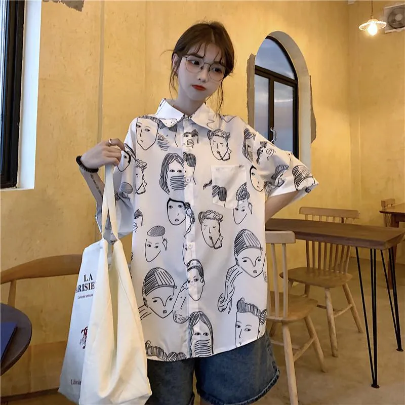 Collar Flower Retro Button Comic Cartoon Casual Shirt