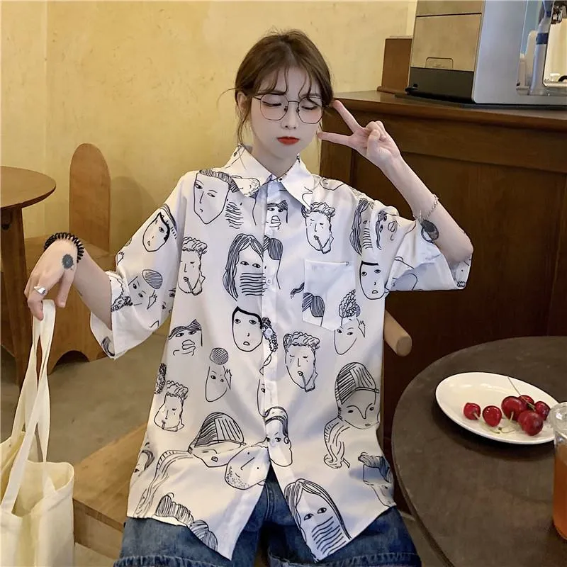 Collar Flower Retro Button Comic Cartoon Casual Shirt