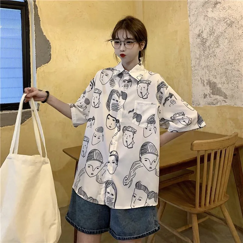 Collar Flower Retro Button Comic Cartoon Casual Shirt