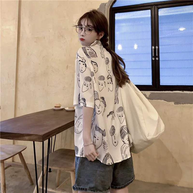 Collar Flower Retro Button Comic Cartoon Casual Shirt