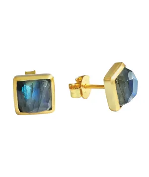 Earrings: 24K Gold Vermeil Stud Earrings, Square Cut, Semi Precious Stones