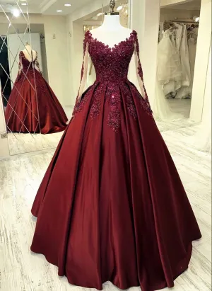 Elegant Burgundy Wedding Dress Lace Long Sleeves Ball Gown Sheer Neckline For Women Prom Dress