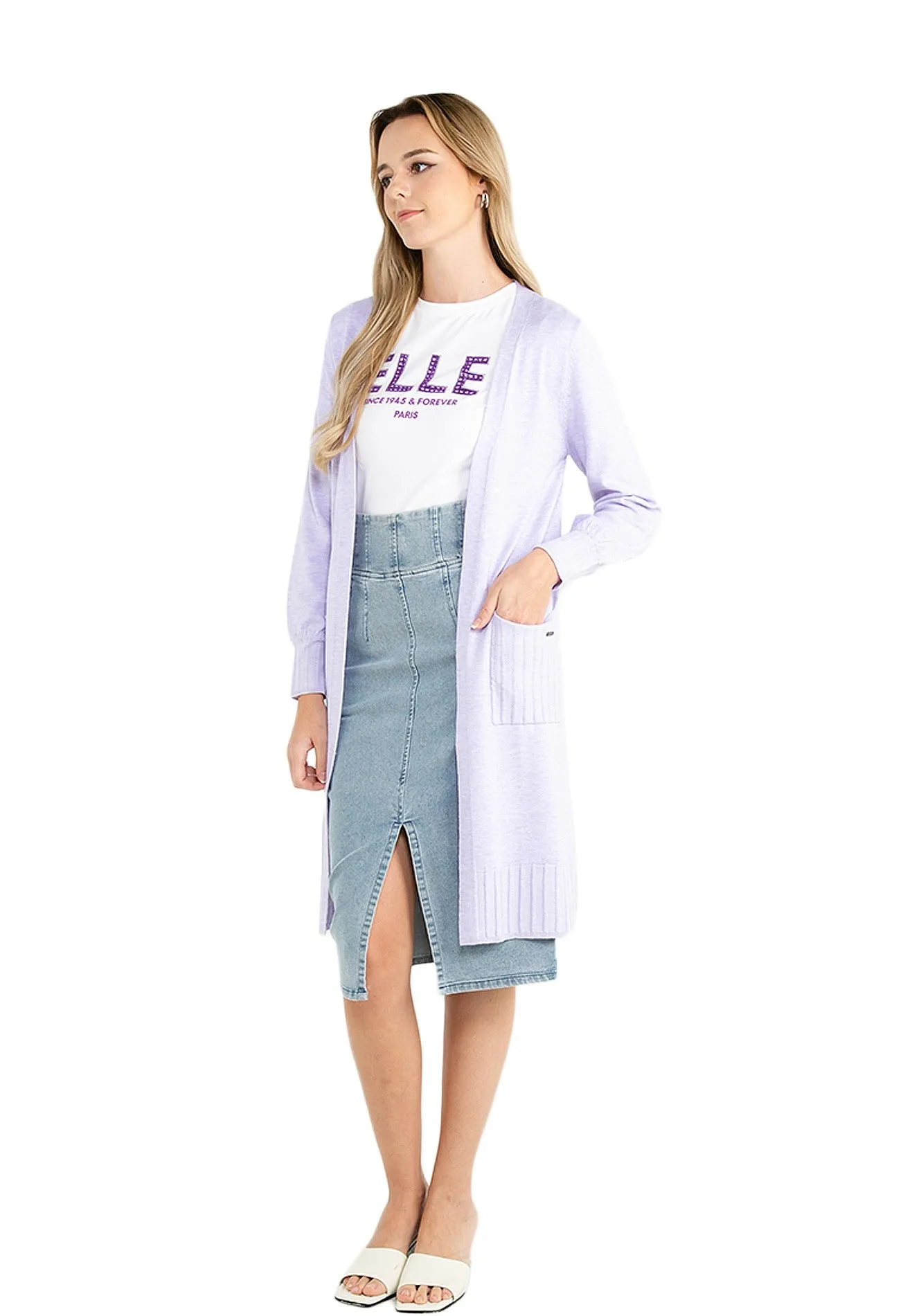 ELLE Apparel Drop Shoulder Buttonless Long Knit Cardigan