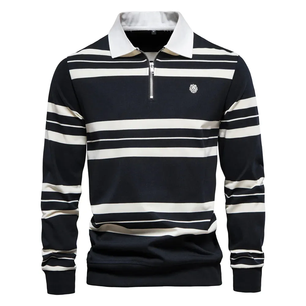 Embroidery Cotton Long Sleeve Polo Shirts for Men Striped Zipper Men's Polo Shirts New Spring Autumn Brand Men Clothing