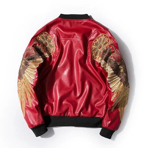 Embroidery Gold Wings PU Leather Stand Collar Jacket